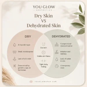 You Glow Aesthetics infographic comparing dry skin and dehydrated skin, including their causes, symptoms, and shared signs.