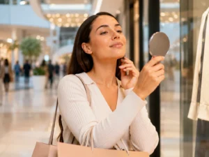 Client admiring glowing skin results at mall