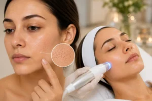 Woman examining visible enlarged pores on her cheek alongside a professional skincare treatment.