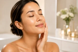 Woman smiling with glowing, smooth-looking skin while gently touching her cheek after a skincare treatment.