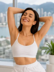 Woman smiling and enjoying smooth underarm skin after a professional laser hair removal treatment in Vancouver.