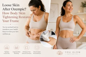 You Glow Aesthetics body skin tightening infographic showing loose skin after weight loss, a body contouring treatment, and a more toned-looking result.