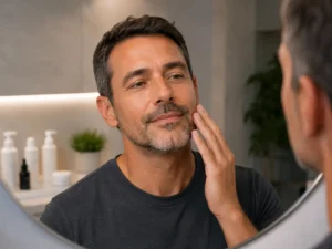 Man checking skin after facial treatment