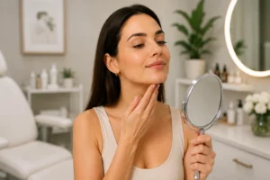Client checking smooth skin after treatment