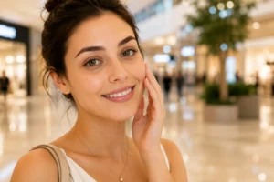 Happy woman with bright, refreshed-looking skin smiling in a shopping mall after a skincare treatment.