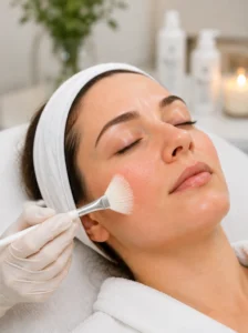 Woman with facial redness in a snowy winter setting alongside a professional calming skincare treatment.