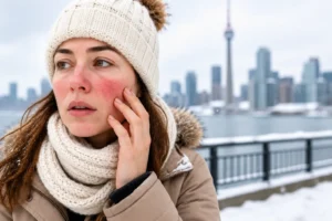 Woman with facial redness in a snowy winter setting alongside a professional calming skincare treatment.