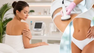 Woman receiving a non-invasive body contouring treatment in a modern aesthetic spa, with a skin tightening treatment shown alongside.