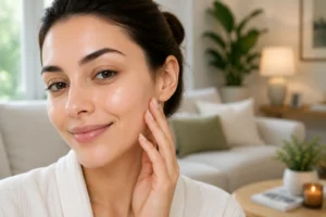 Happy woman touching her smooth, glowing cheek while relaxing at home after a skincare treatment.