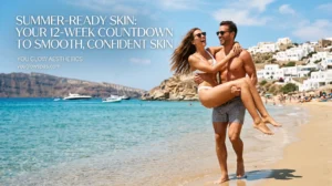 Confident couple on a sunny beach vacation showing smooth skin, featured as the banner for You Glow Aesthetics' 12-week summer prep guide.